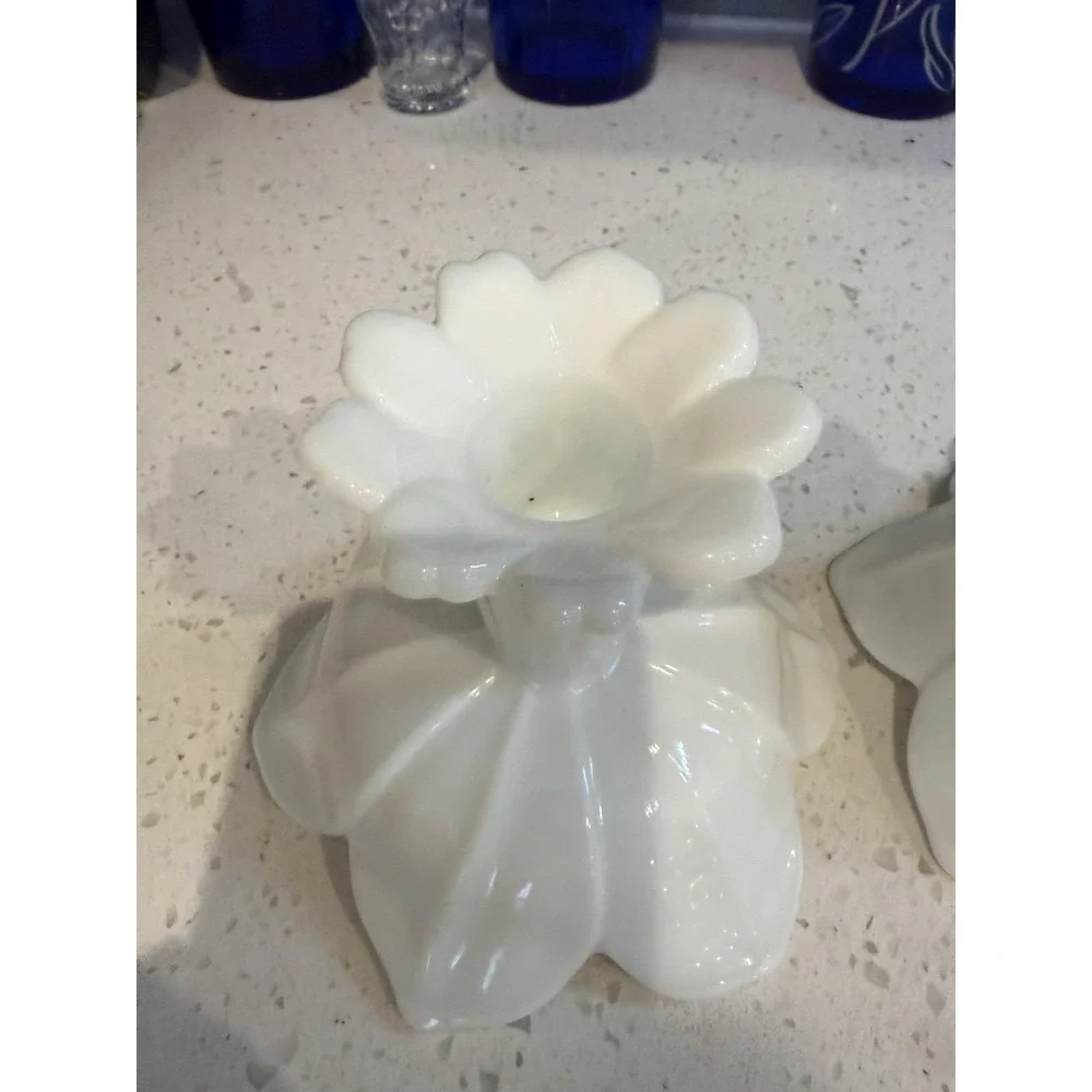 Westmoreland Milk Glass Lotus Pair Of Single Candle Stick Holders Mid Century